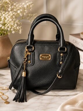 Michael Kors Black Saffiano Leather Domed Satchel with Leather Crossbody Strap